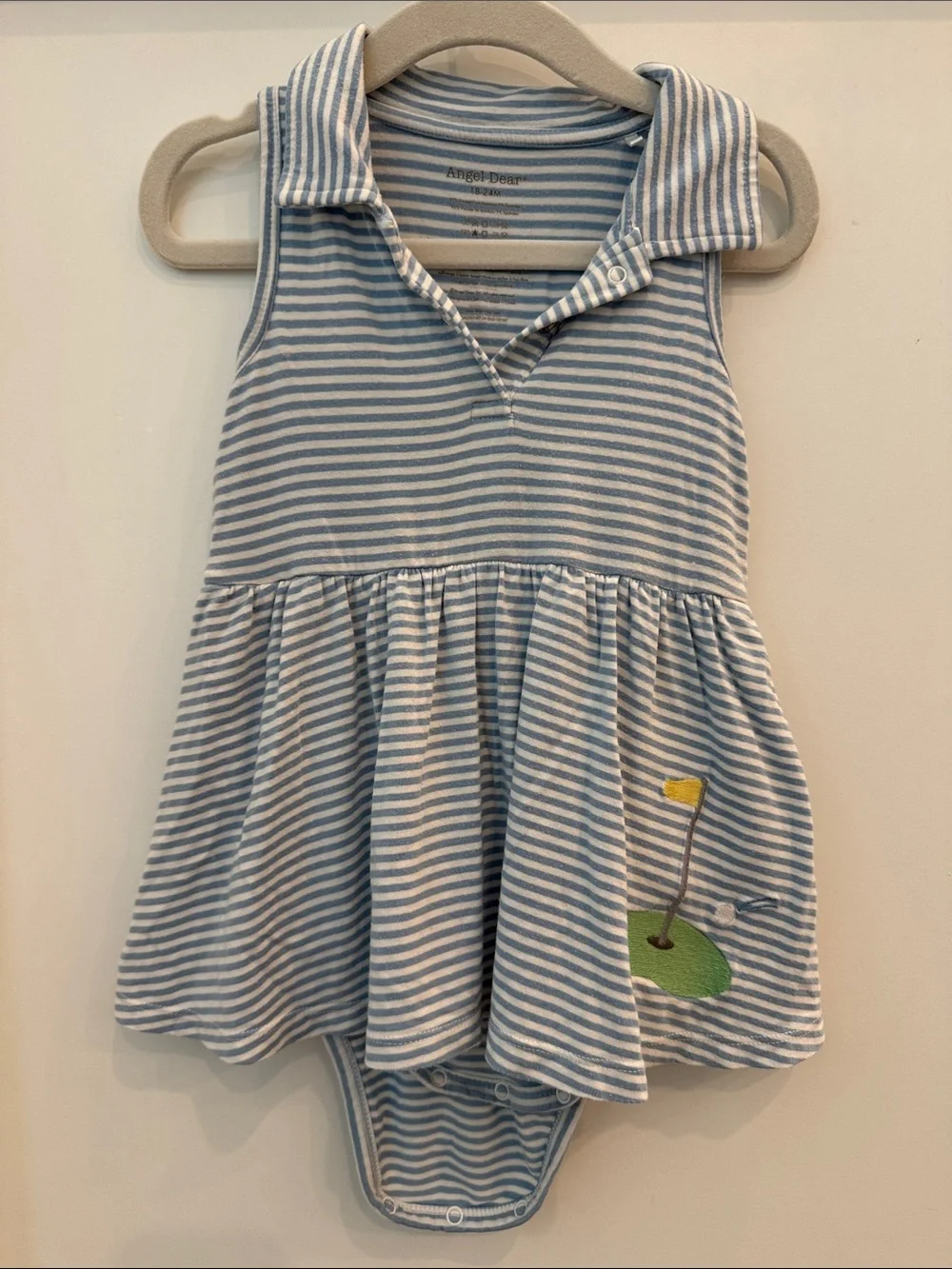Angel Dear Blue and White Striped Polo Dress Bodysuit with Golf Applique